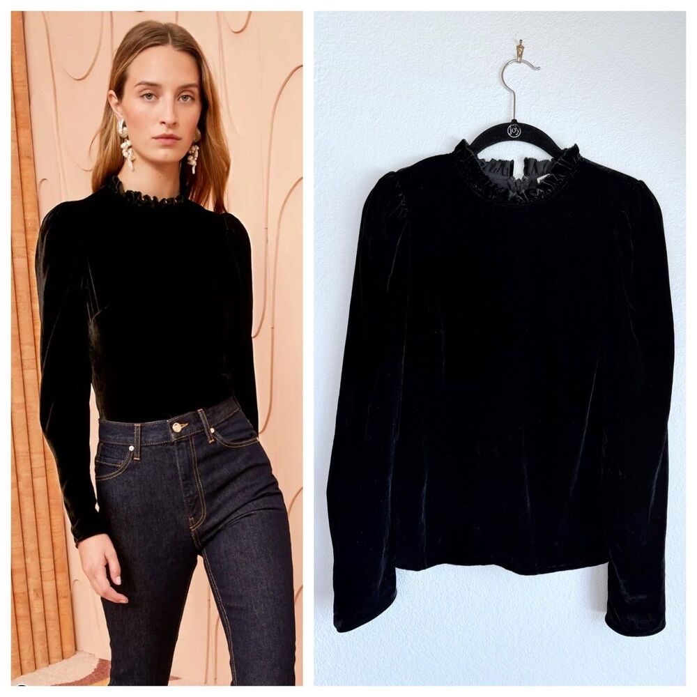 NWOT Ulla Johnson Marlene Ruffle Mock Neck Puff Sleeve Velvet Blouse in Black 4